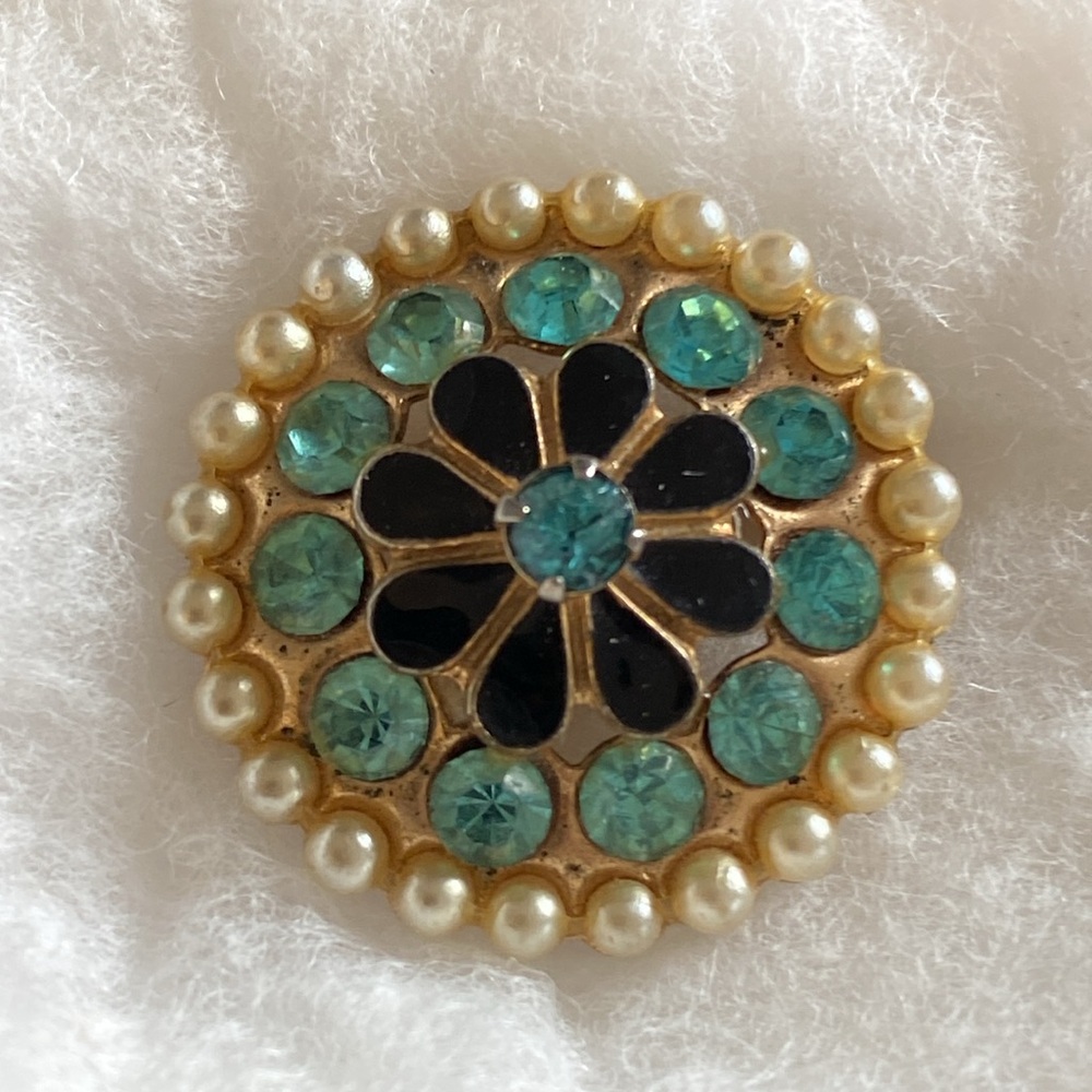 Vintage Black and Blue Floral Brooch with Gold Accents